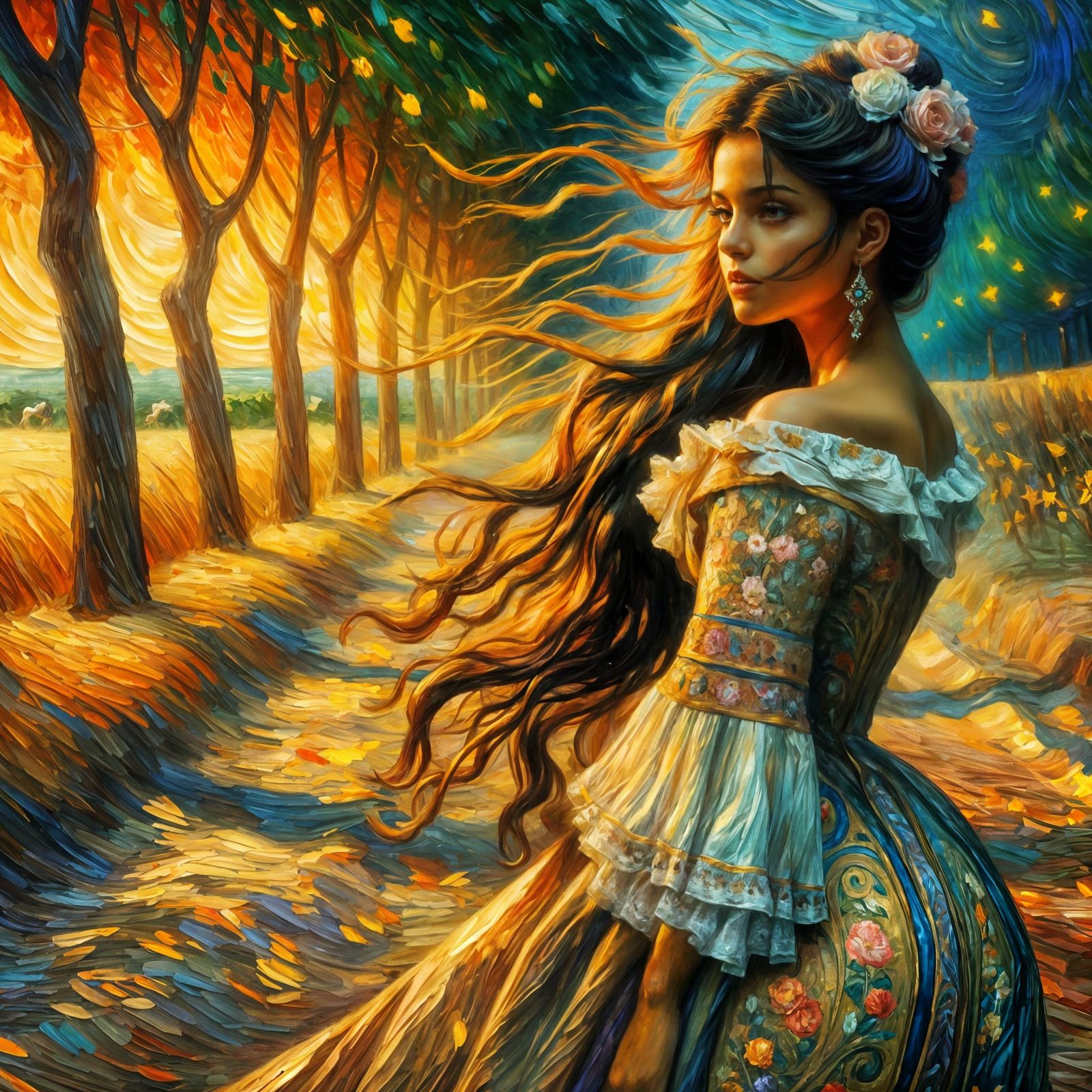 Romantic Moonlit Encounter in Post-Impressionistic Style