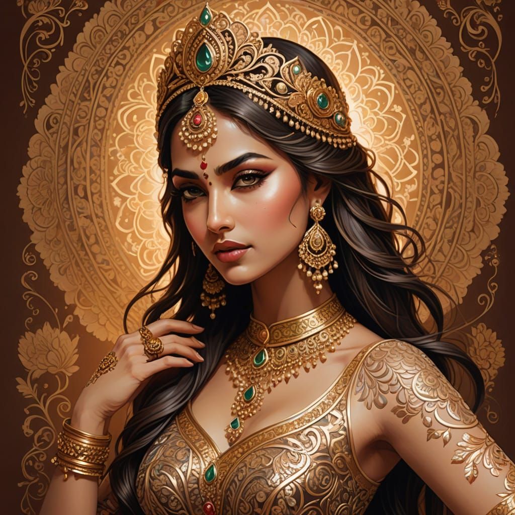 Ethereal Dancer in Vibrant Henna and Ornate Costume