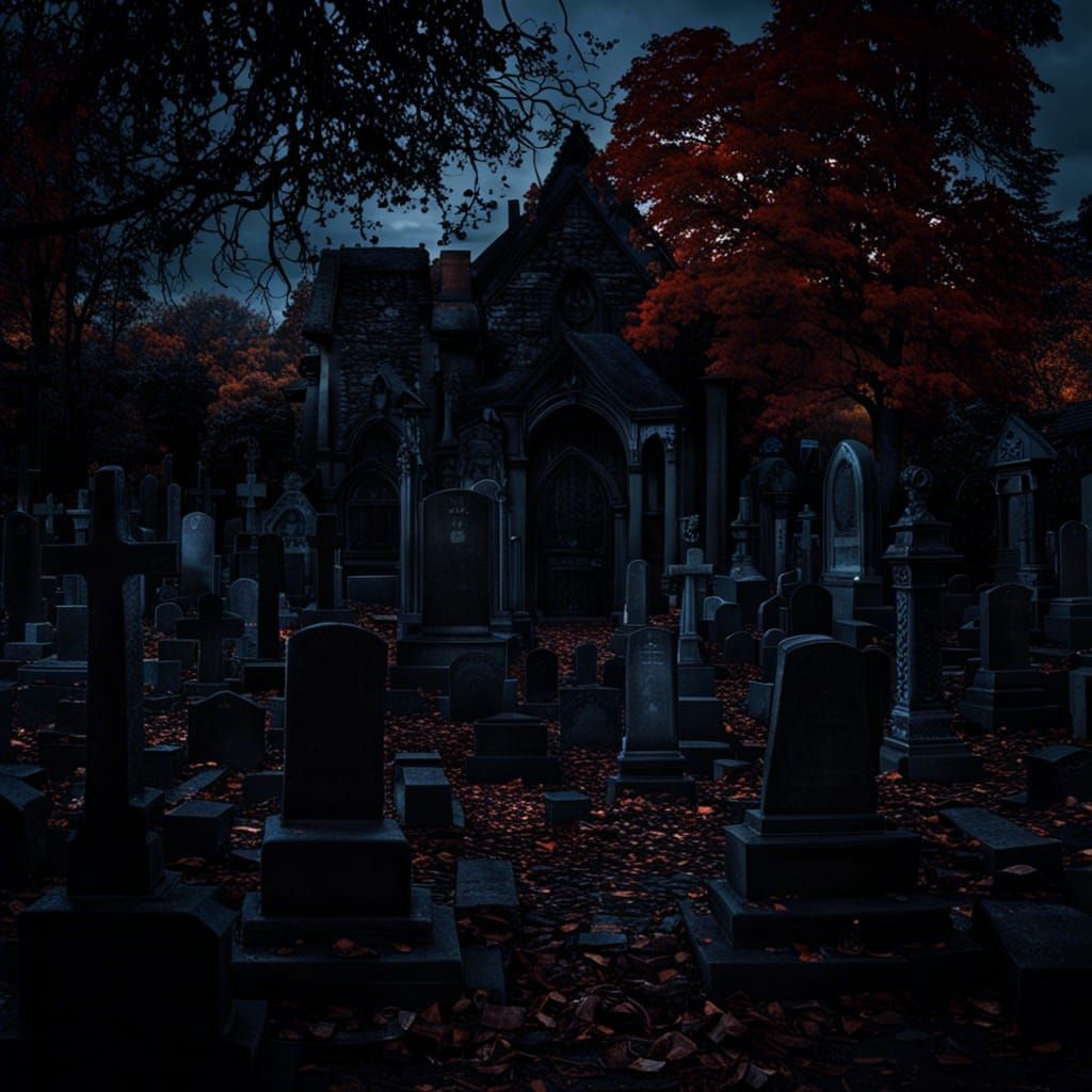 Eerie Gothic Cemetery at Dusk: Halloween Scene