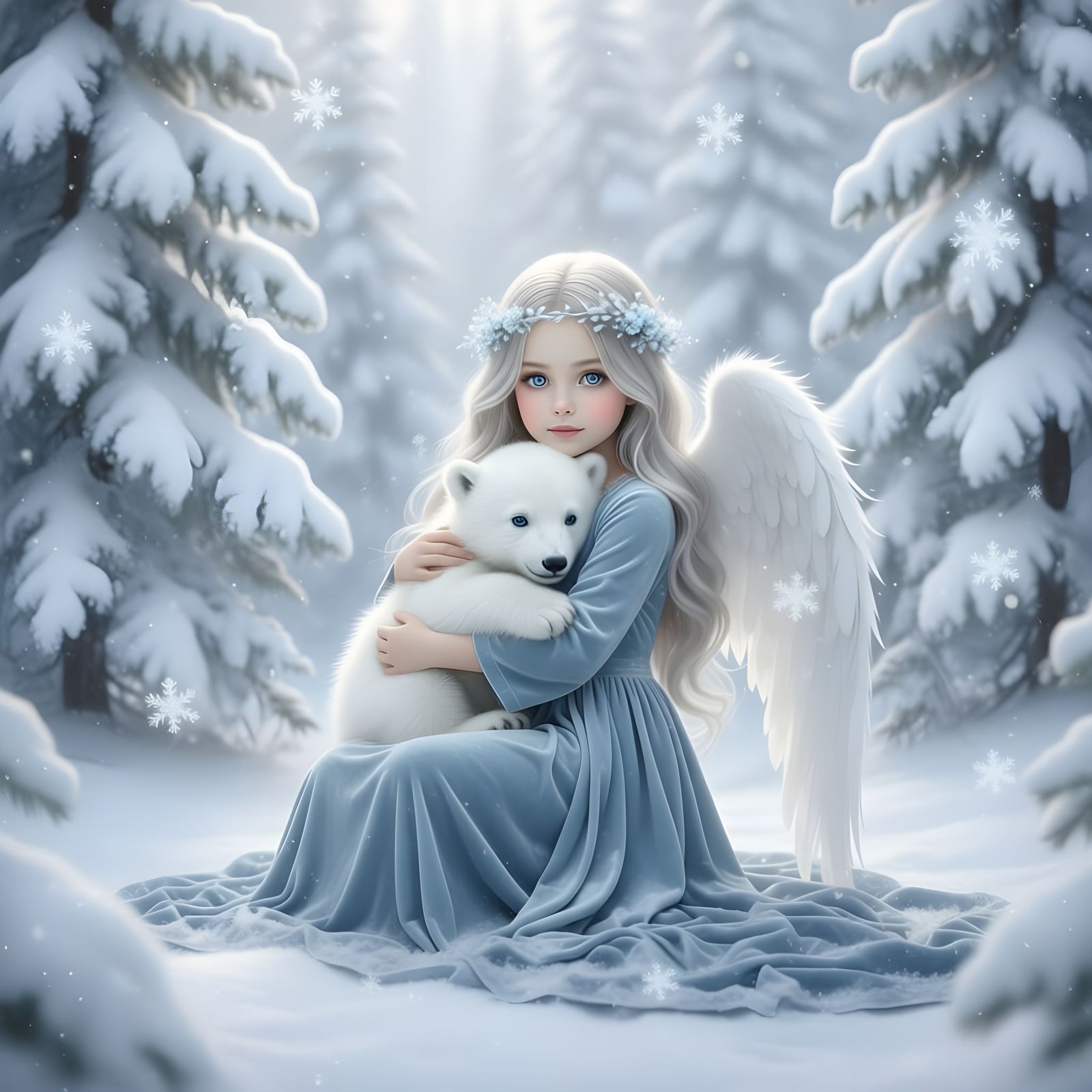 Ethereal Angel Girl Hugs Polar Bear in Winter Forest