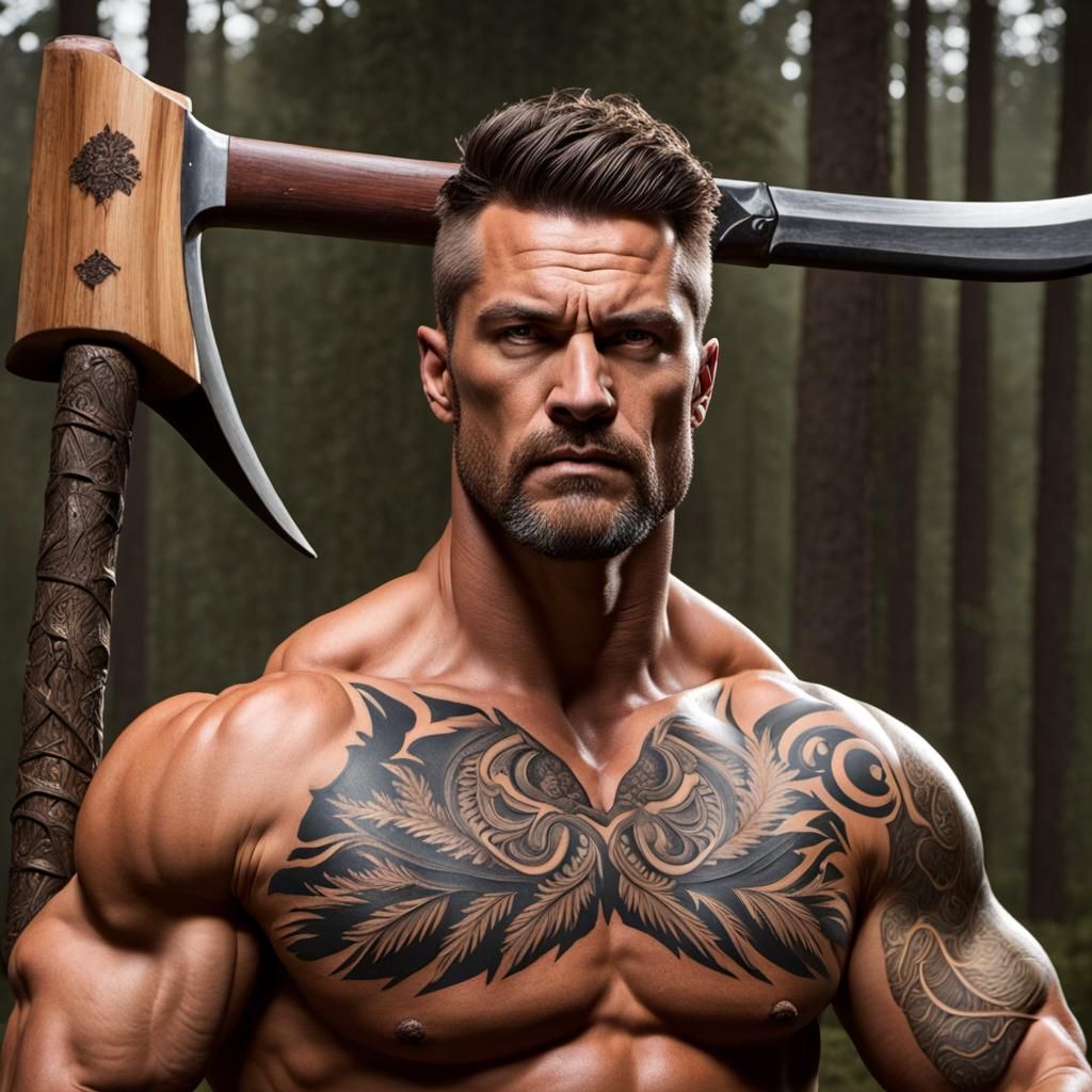 Muscular Man Chopping Wood with Detailed Axe