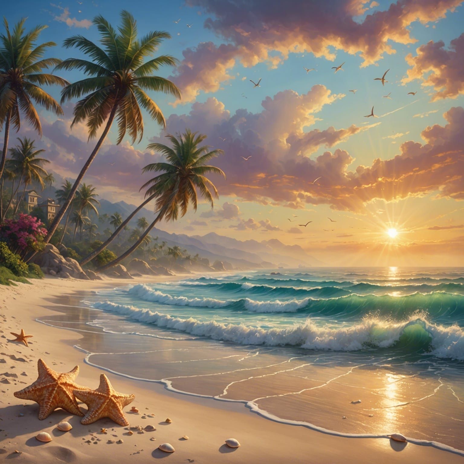 Sunset on Pacific Beach in Kinkade Style