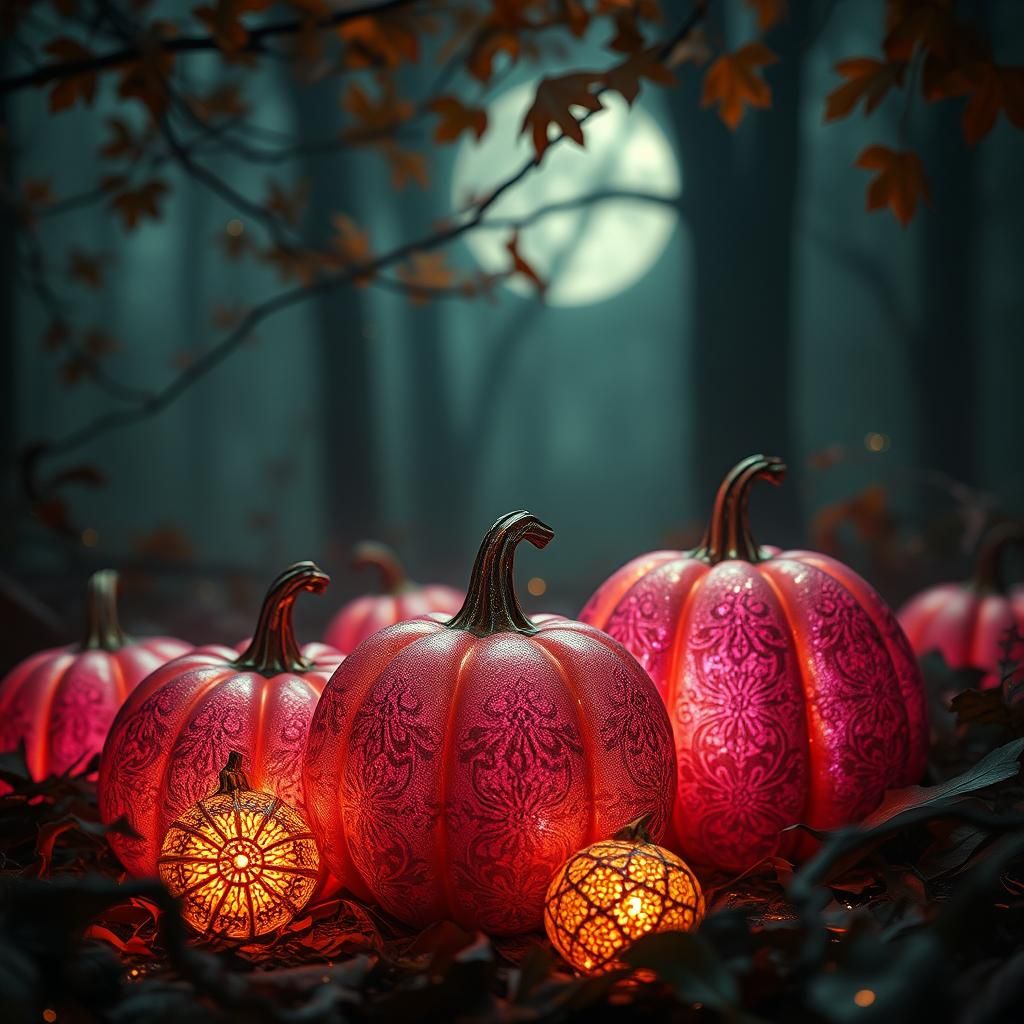 Shimmering Pink Pumpkins in Mystical Autumnal Setting