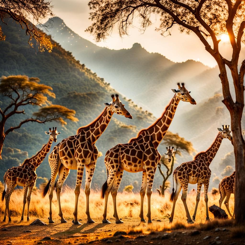 Regal Giraffes Roam the Himalayas in Golden Hour Glow