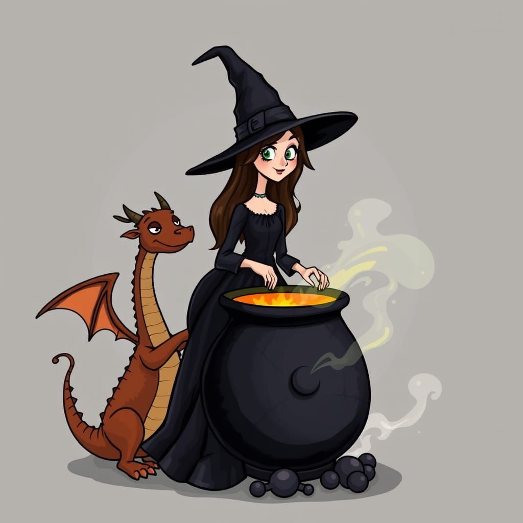 Cartoon Witch Brews Potion with Dragon