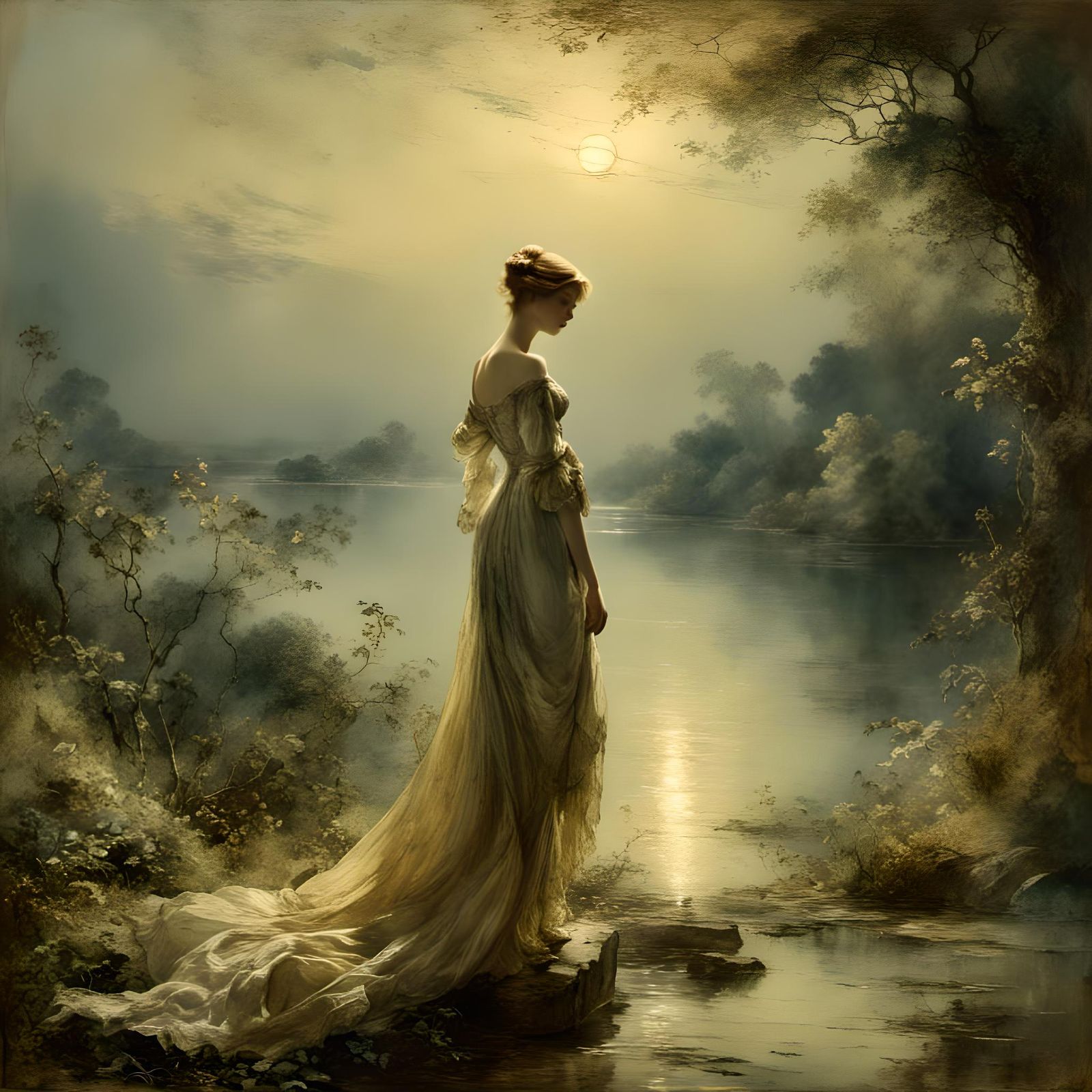 Woman in Regency Dress at Golden Hour
