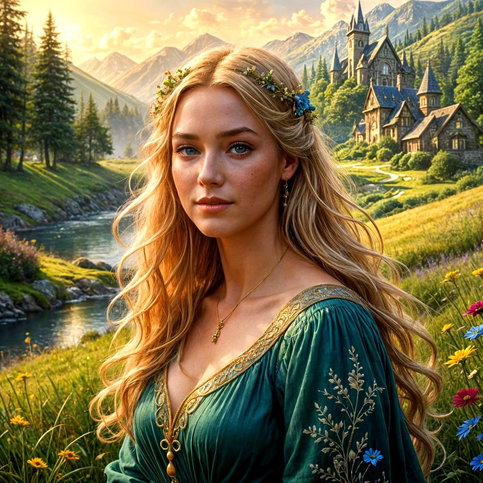Beautiful Woman in Meadow Fairytale Fantasy Art