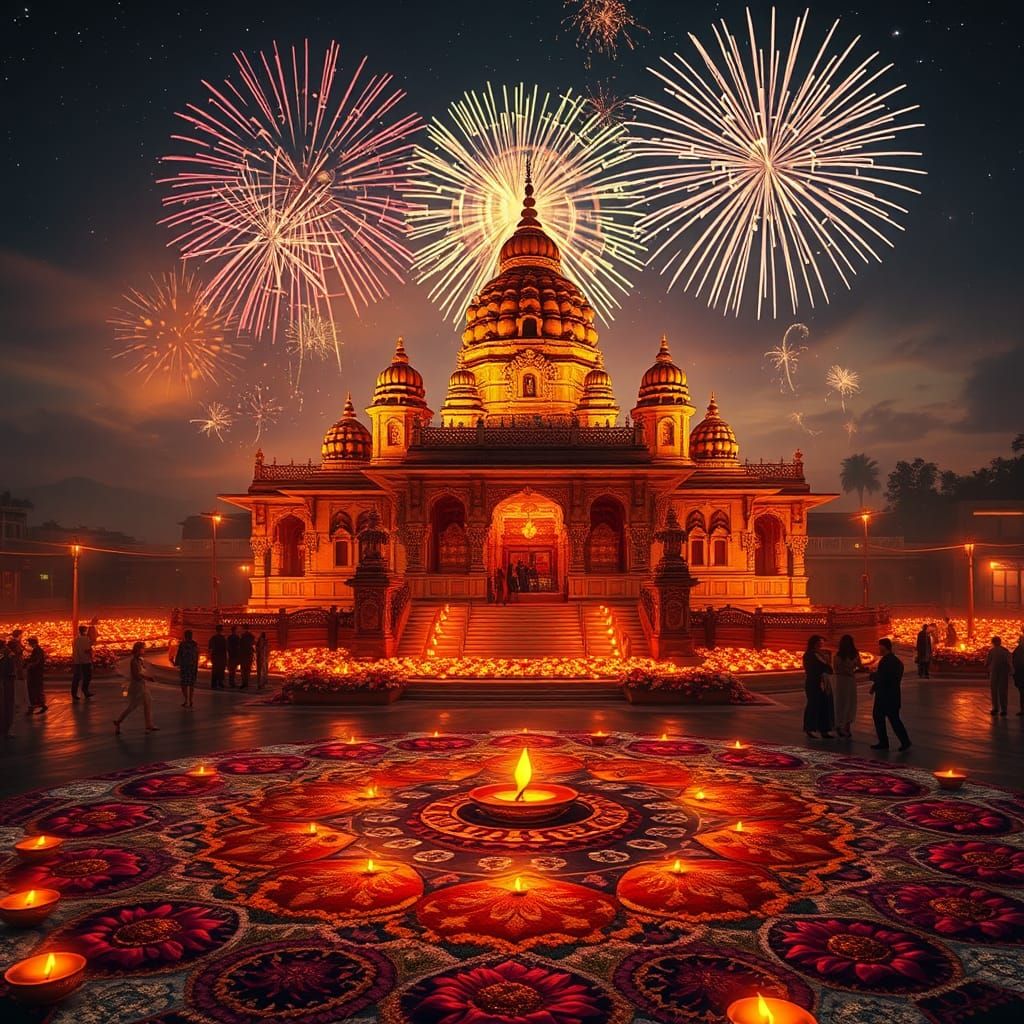 Diwali Celebration: Temple, Rangoli, and Fireworks