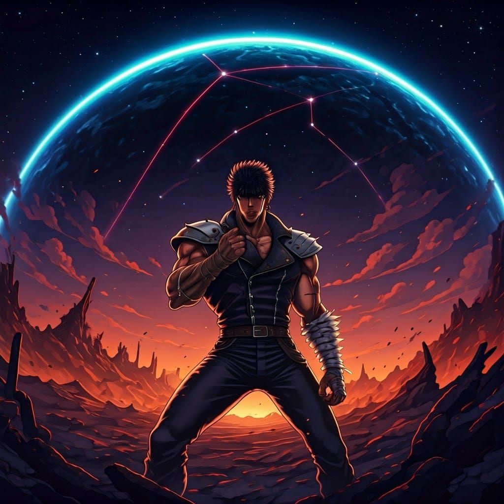 Kenshiro in Epic Anime Fight Scene with Nuclear Landscape