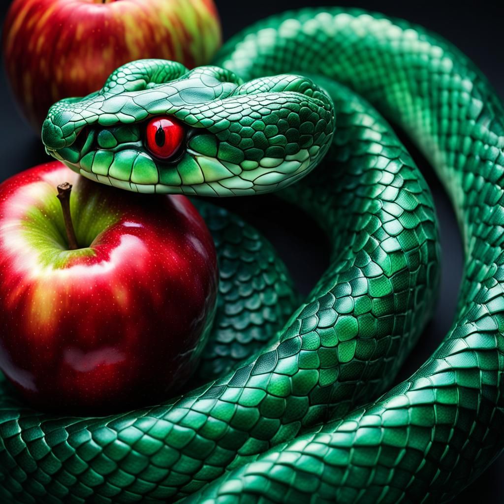 Emerald Serpent and Apple in Hyperrealistic Detail