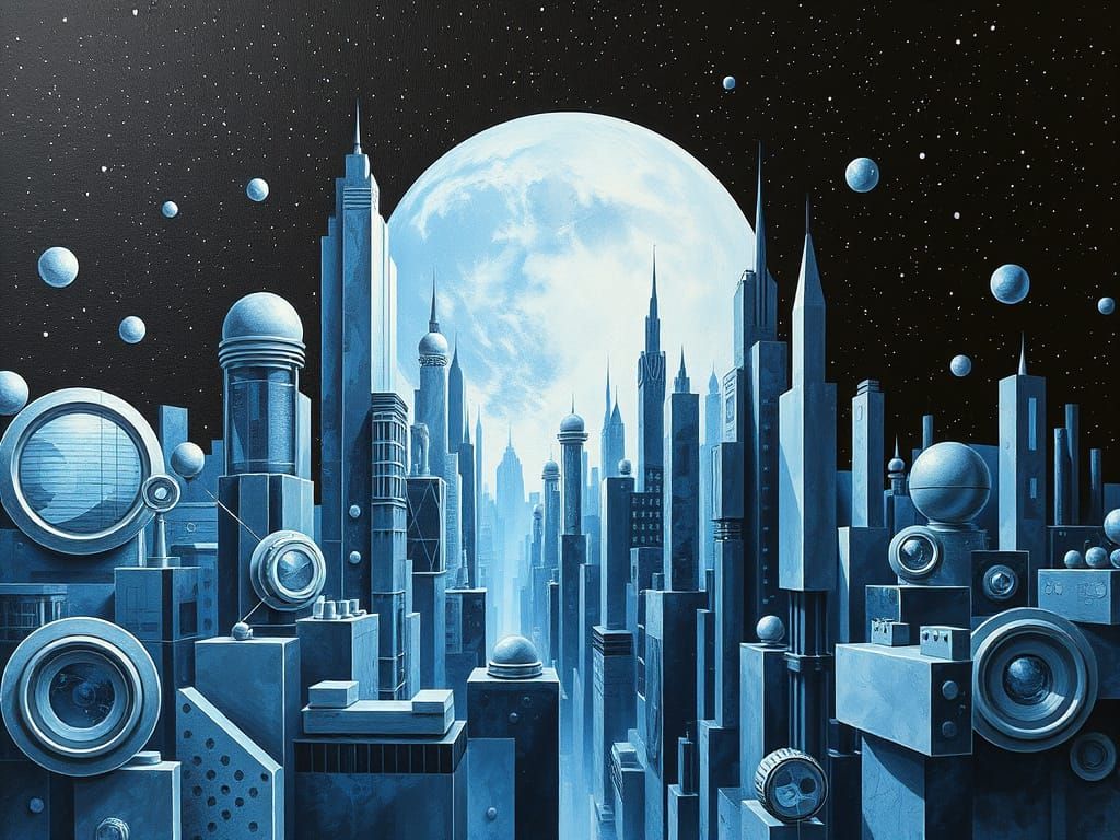 Futuristic Neocubist Cityscape with Starry Sky