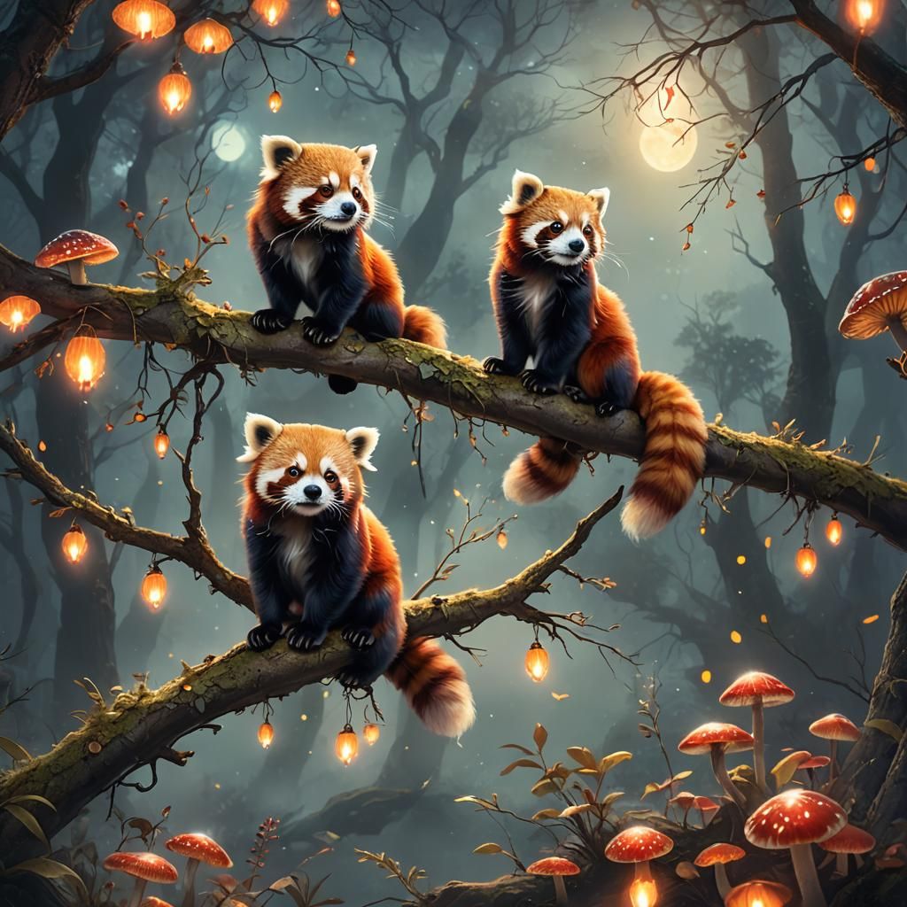 Red Pandas in Moonlit Fantasy Landscape