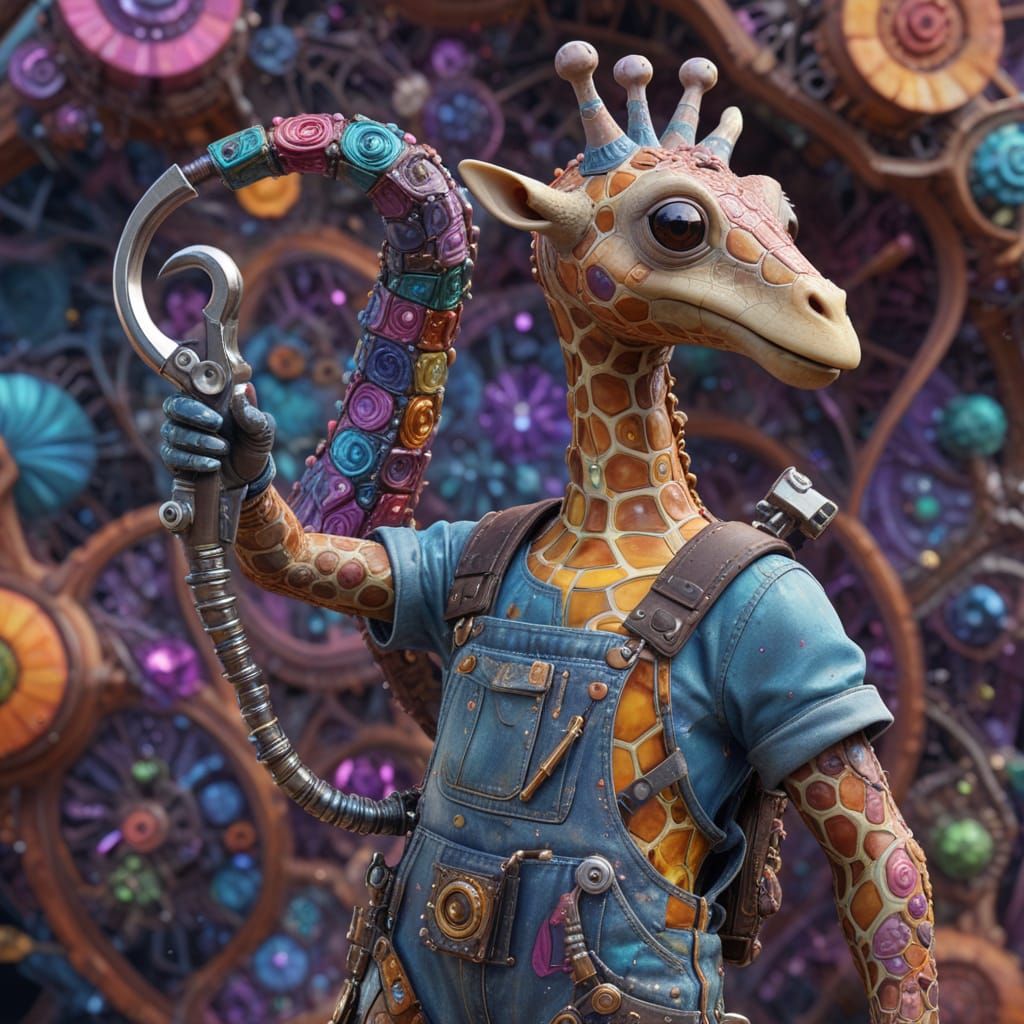 Giraffe Snail Mechanic in Vibrant Bismuth Landscape