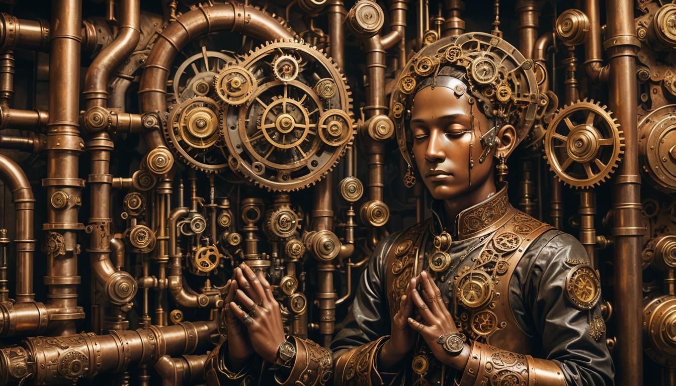 Steampunk Figure in Dimly Lit Chamber