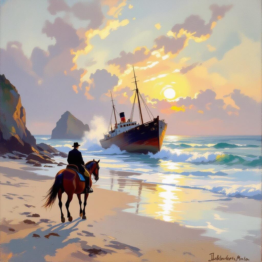 Horse and Shipwreck on Misty Beach in Impressionist Style