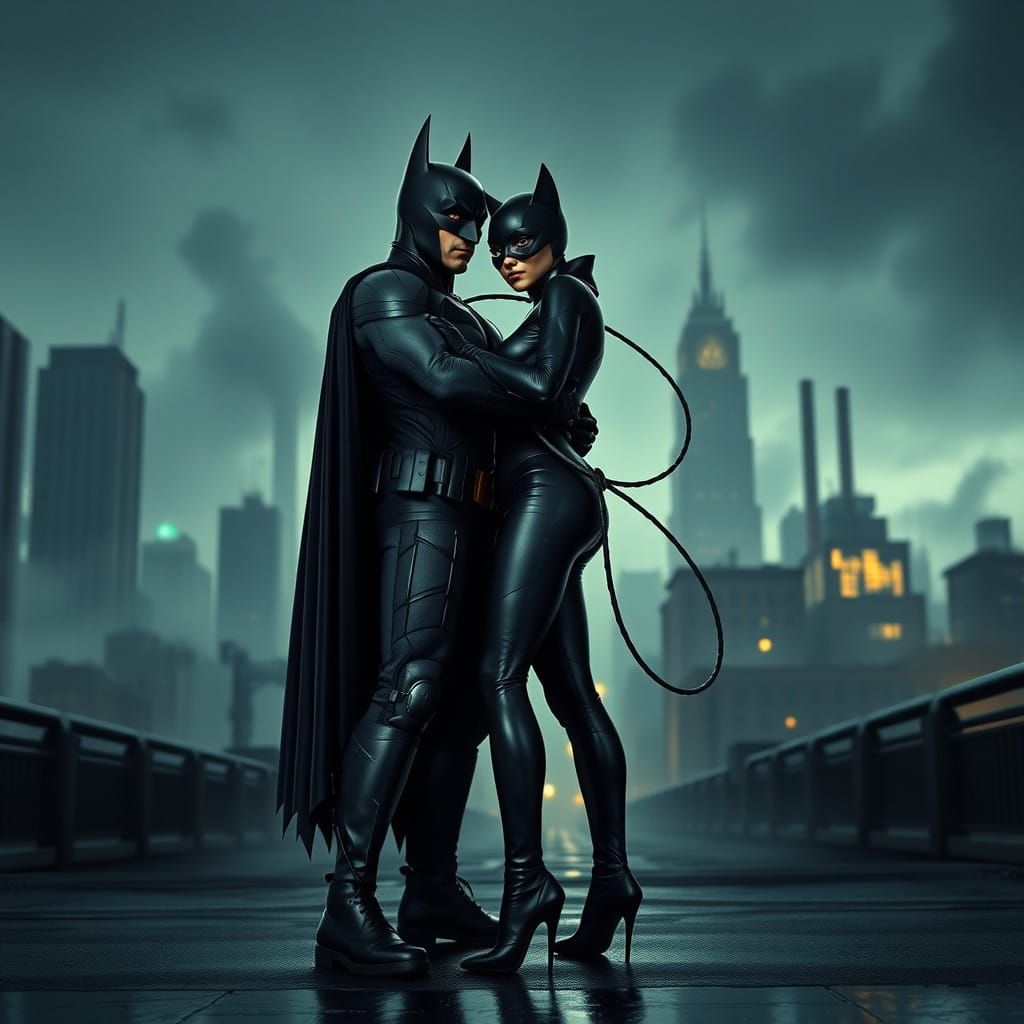 Batman and Catwoman Embrace in Gotham City's Ominous Dusk