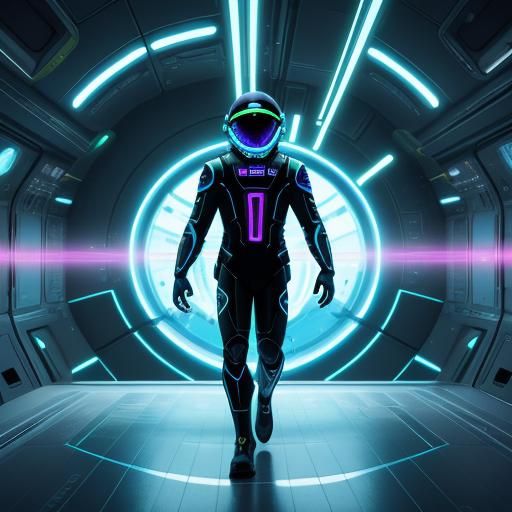 Astronaut in Neon Lit Futuristic Space Station