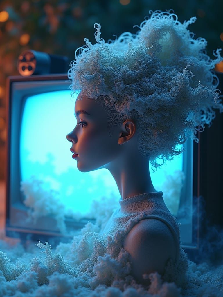 Girl with Futuristic, Neon-Lit Kinetic Sand Hair in Dreamlik...