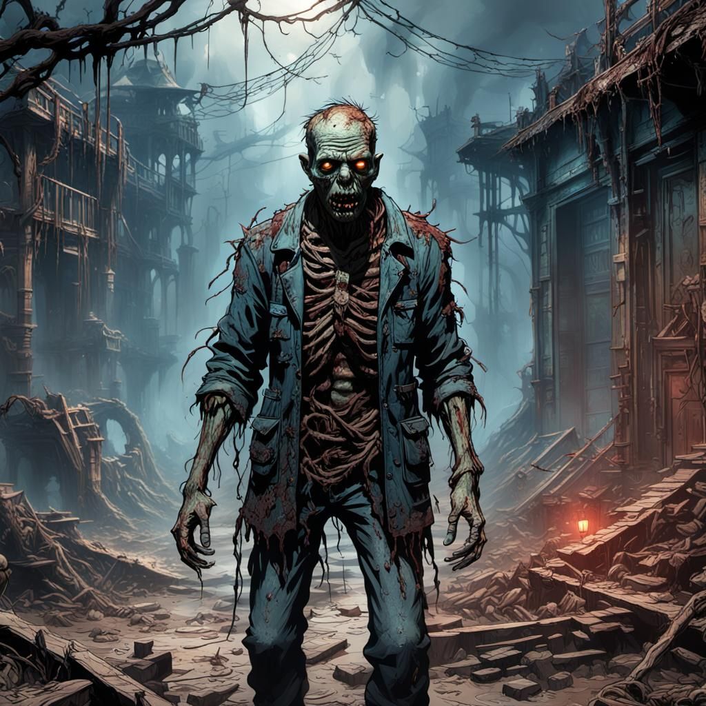 Decayed Zombie in Shadow, Detailed Matte Painting