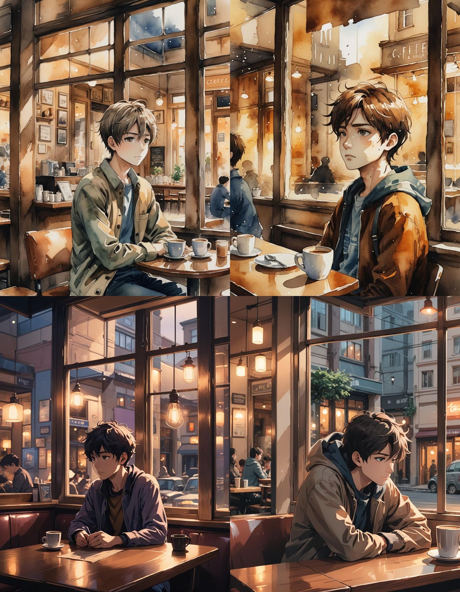 Pensive Boy in Coffee Shop: Cel-Shaded Anime