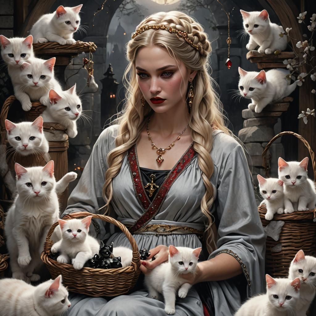 Goddess Tending Kittens: Fantasy Art