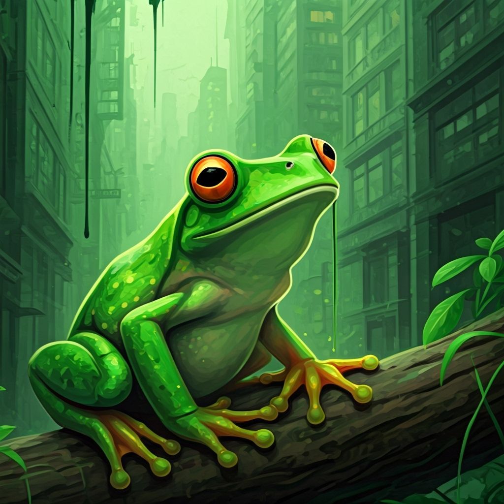 Frogs Paint Cityscape Green in Whimsical Art
