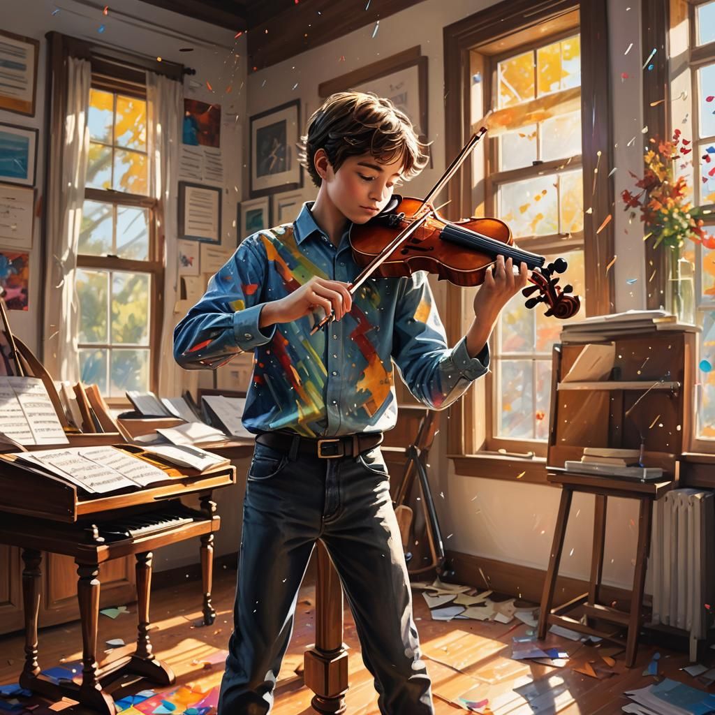 Boy Playing Violin with Colorful Music Notes