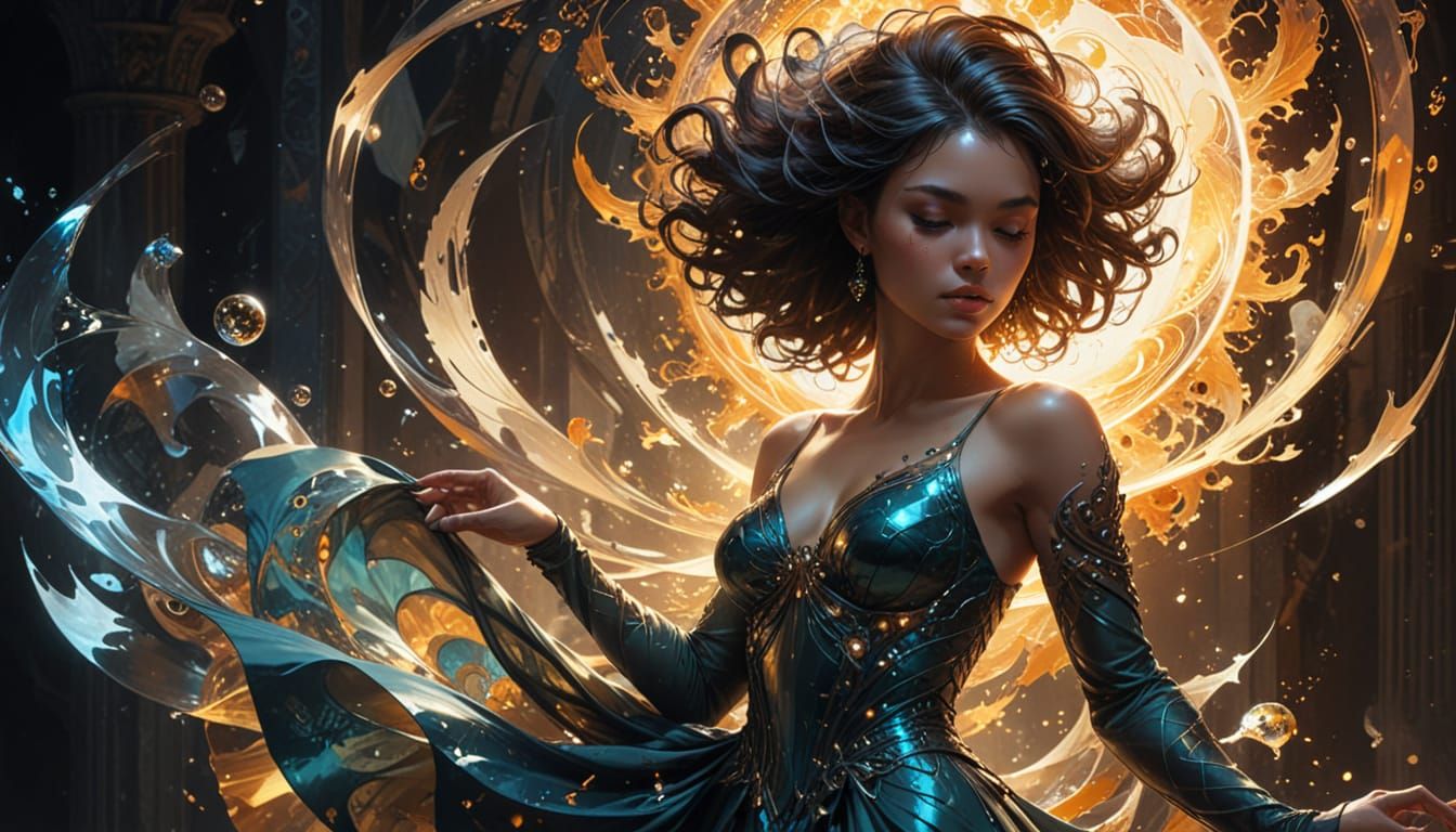 Afrofuturistic Silhouette in Fractal Glass, Detailed Paintin...