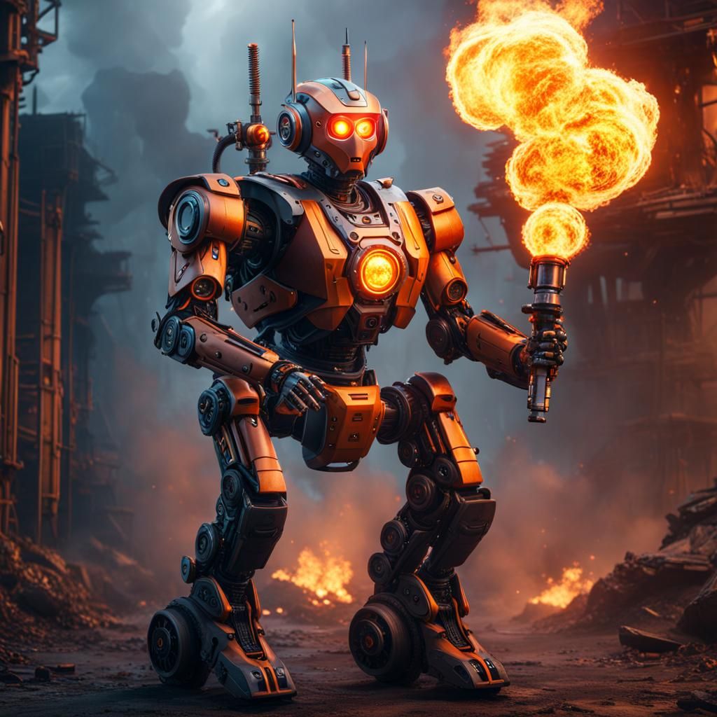 Humanoid Robot with Flamethrower: Fantasy Concept Art