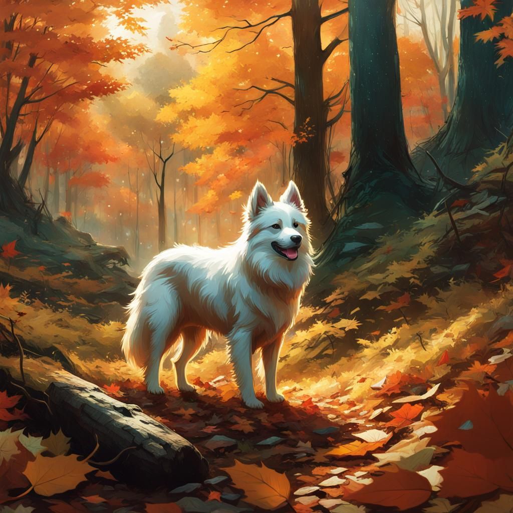 Puppy in Autumn Forest: Detailed Digital Art