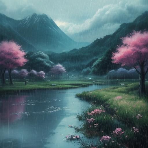 Anime Rain Landscape in Japanese Manga Style