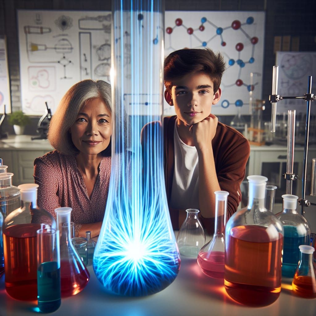 Teacher and Student Observe Glowing Science Experiment