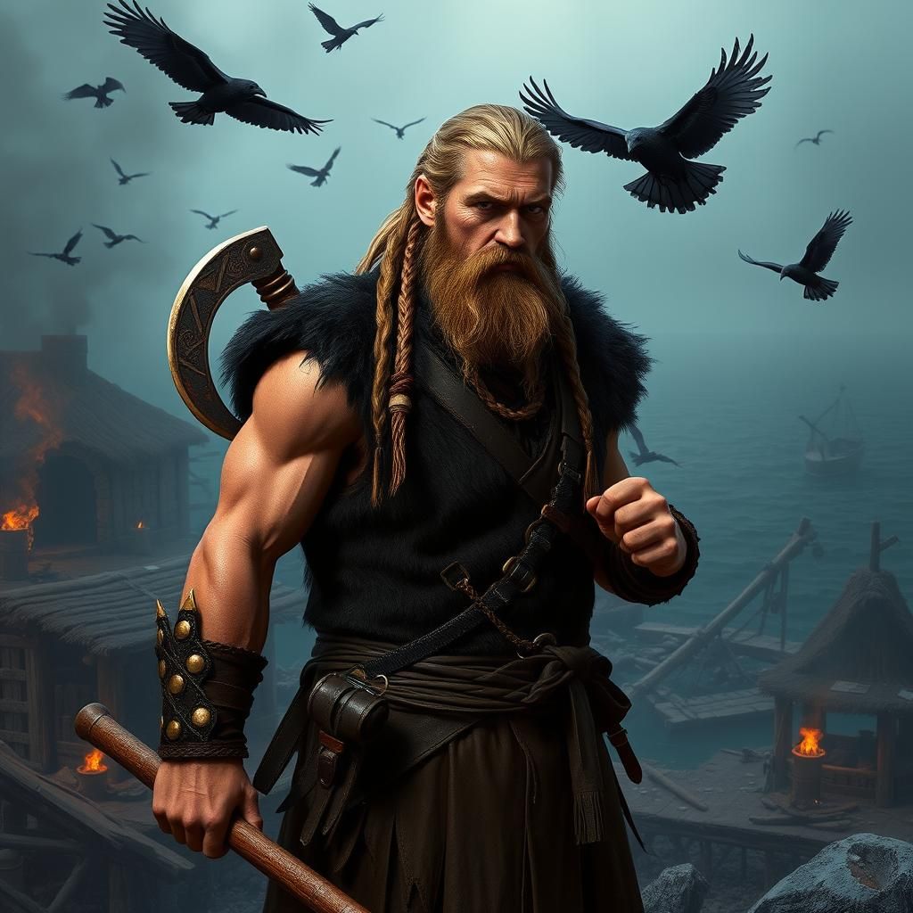 Viking Warrior in Ravaged Coastal Village