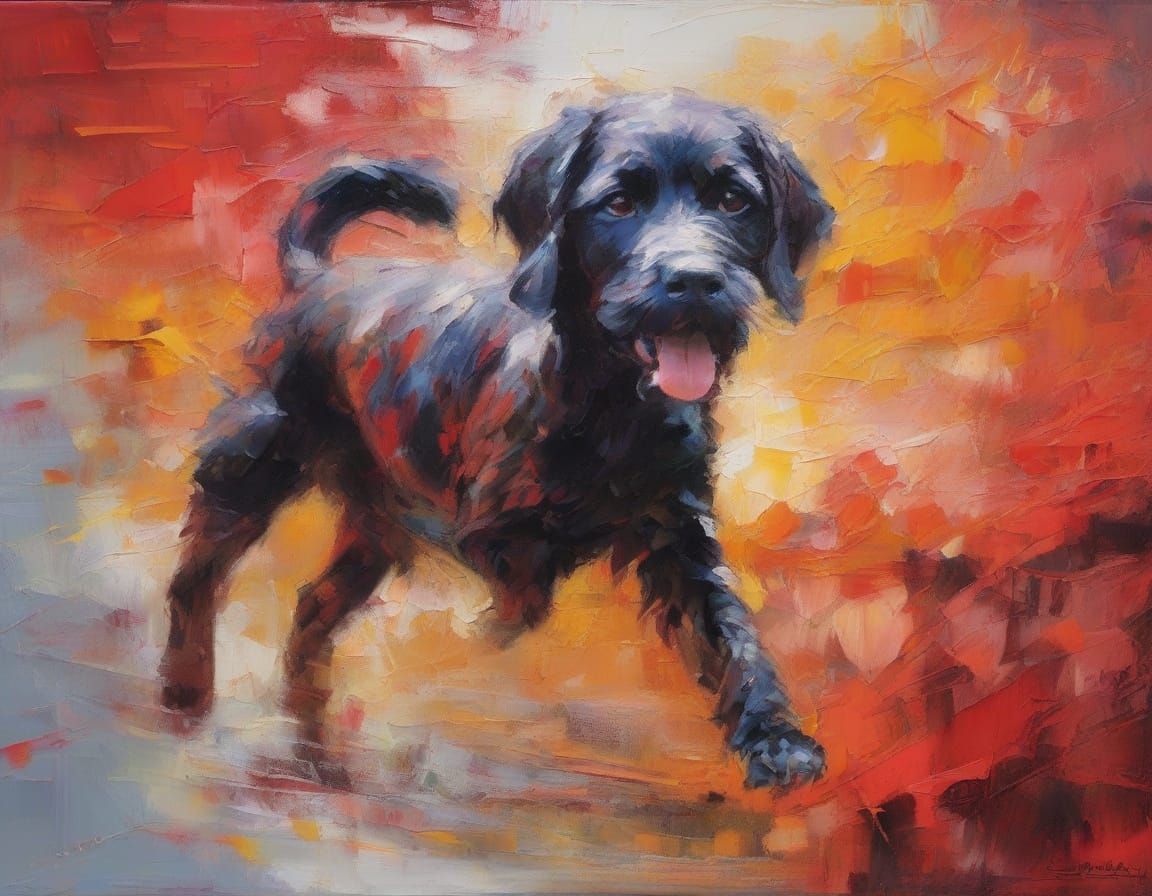 Vibrant Young Puppy in Mysterious Neo-Impressionist Landscap...