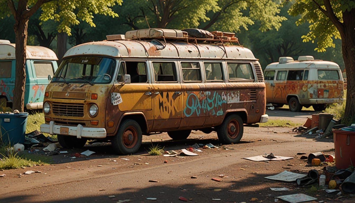 Desolate 1970s Camper-Van in a Polluted, Trash-Filled Landsc...