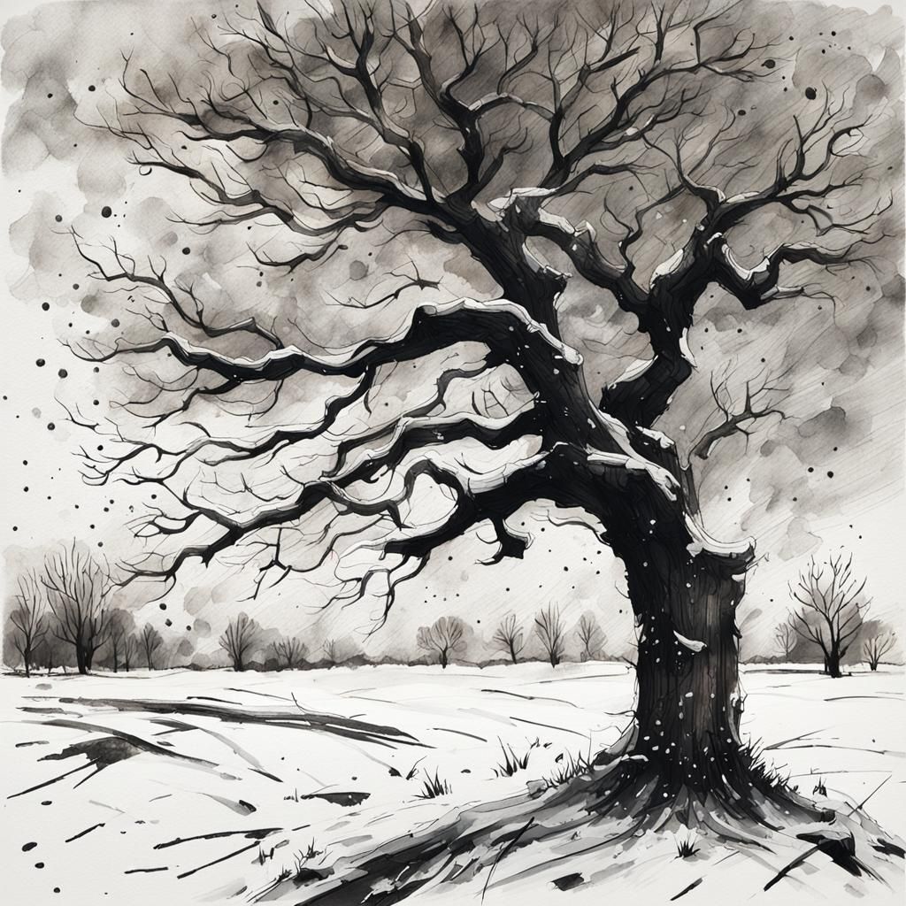 Monochrome Ink Drawing of a Frost-Covered Tree