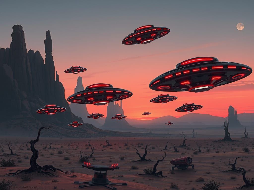 Gritty Futuristic Flying Saucers in Neon-Lit Desert Landscap...