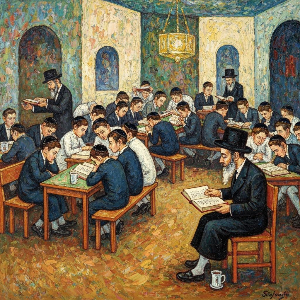 Vibrant Oil Painting of Yeshiva Boys Learning