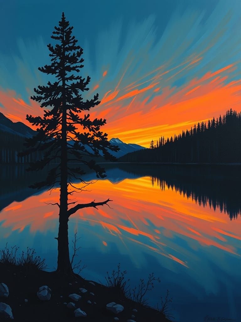 Sunset Pine Silhouette: Expressive Oil Painting