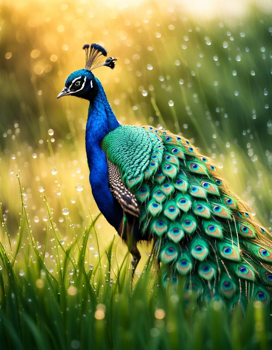 Elegant Peacock Struts Through Dewy Morning Landscape