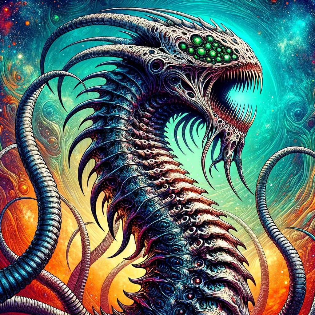 Fearsome Mythical Creature Coiled Around Planet