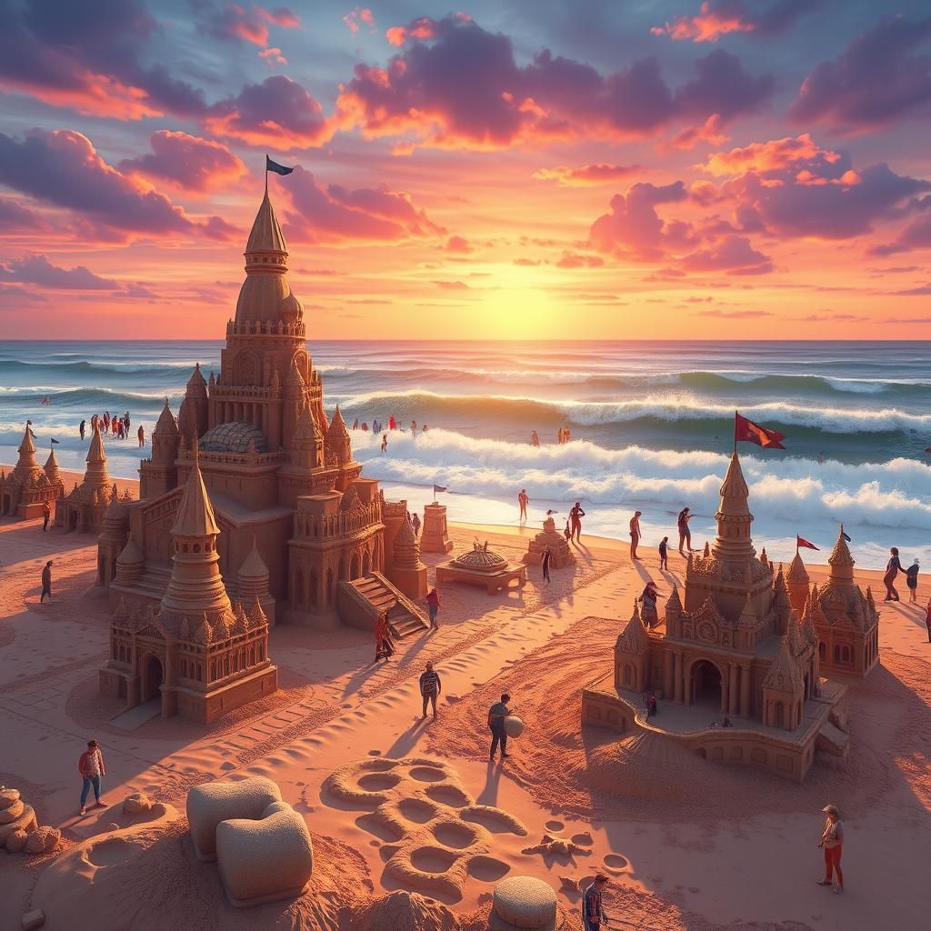 Sandcastle Contest at Sunset: Dreamlike Beach Scene
