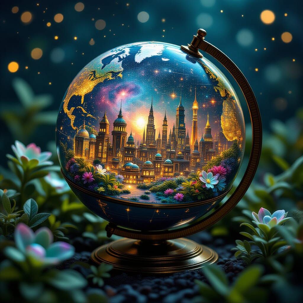 Miniature Glowing Cities in Antique Globe