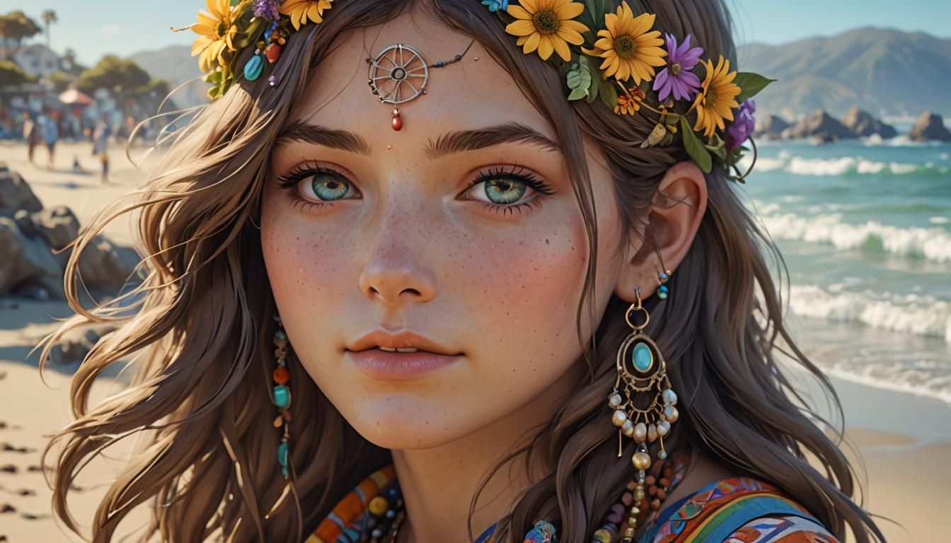 Cute Hippie Woman on California Beach in Anime Style
