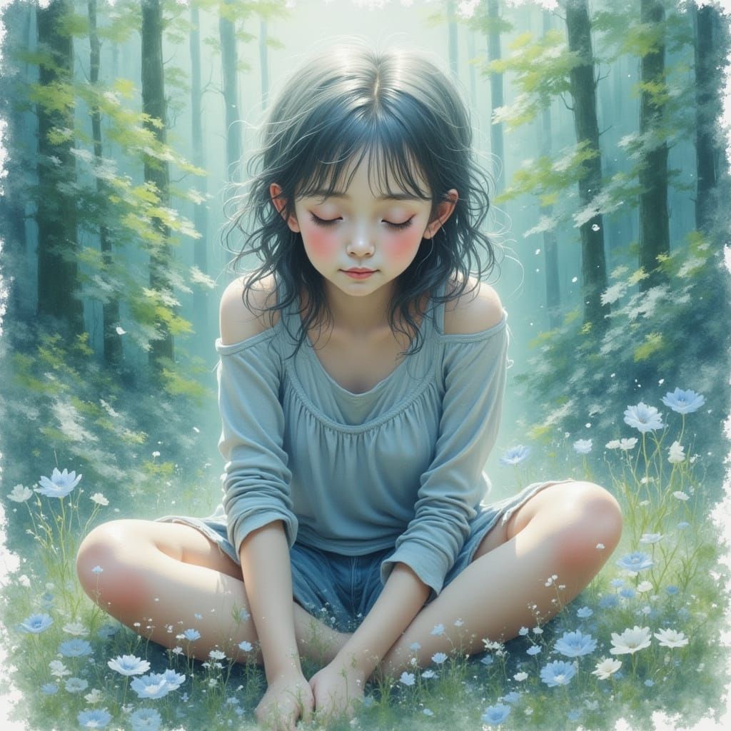 Serene Portrait of Sensitive Person in Digital Watercolor St...