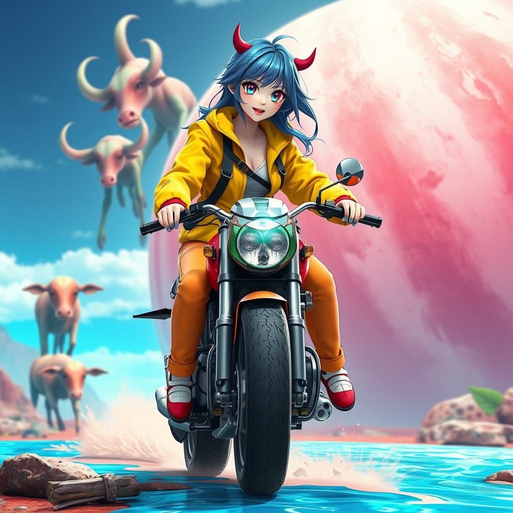 Anime Woman Raids Futuristic Motorcycle on Watermelon Planet