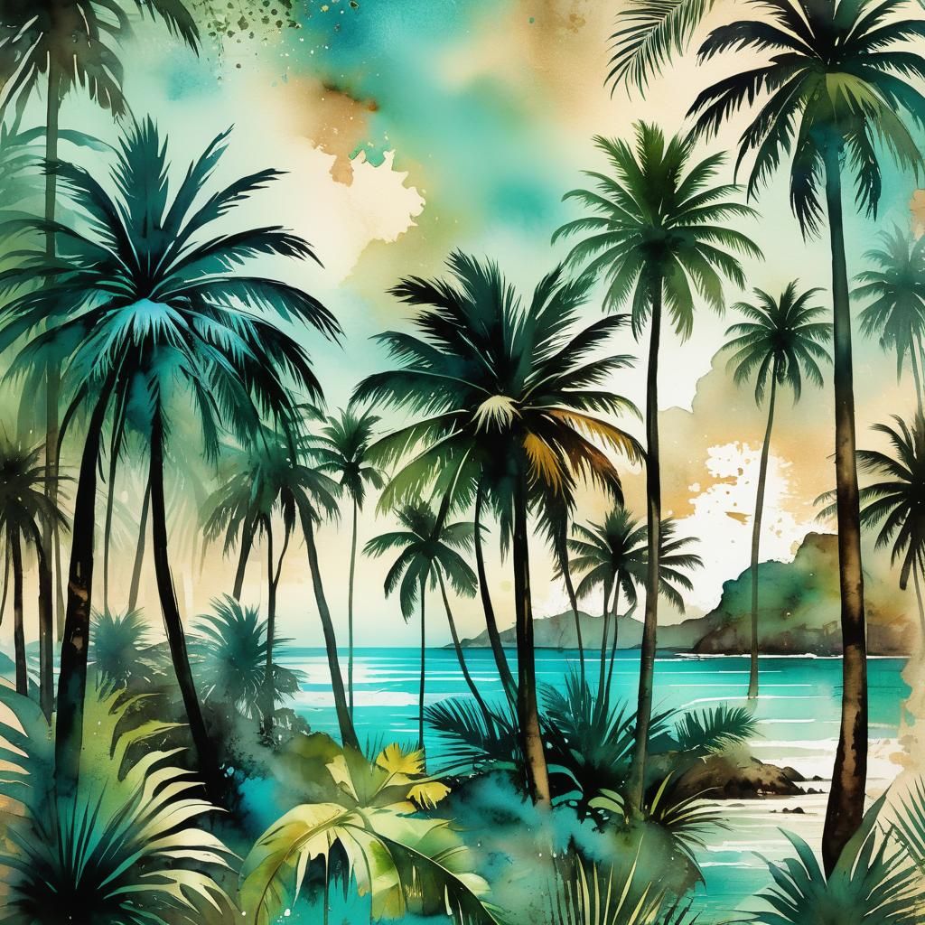 Coastal Jungle with Palm Trees: Mixed Media Illustration