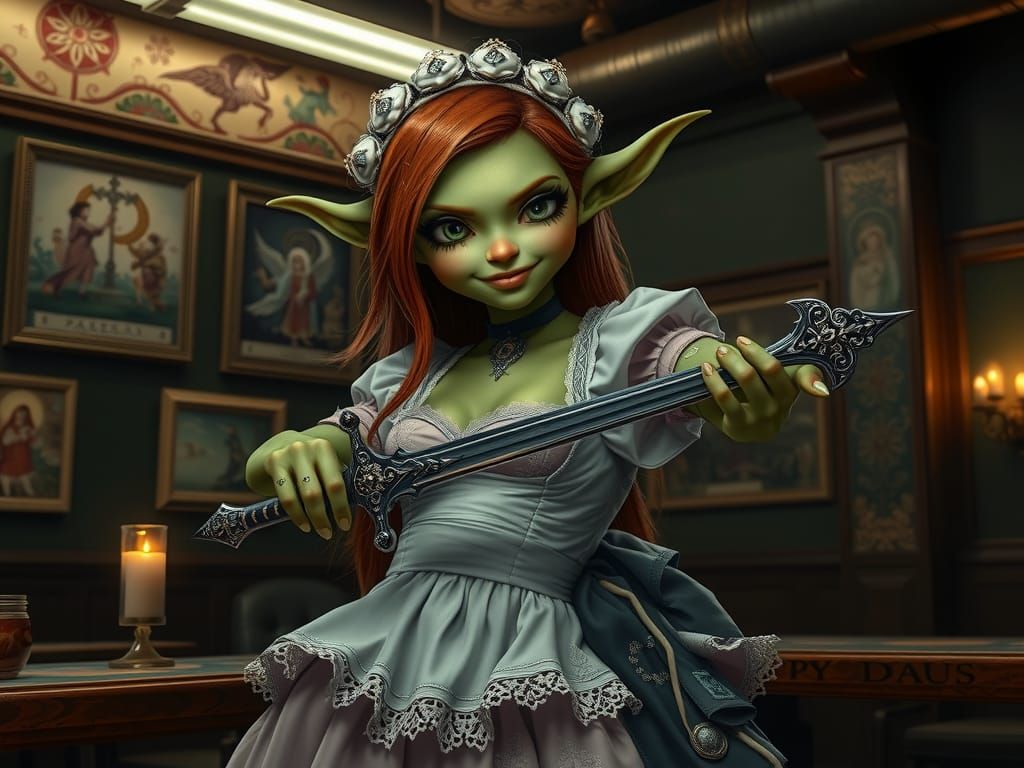 Goblin Elf Maid Plays With Dagger in Sports Bar