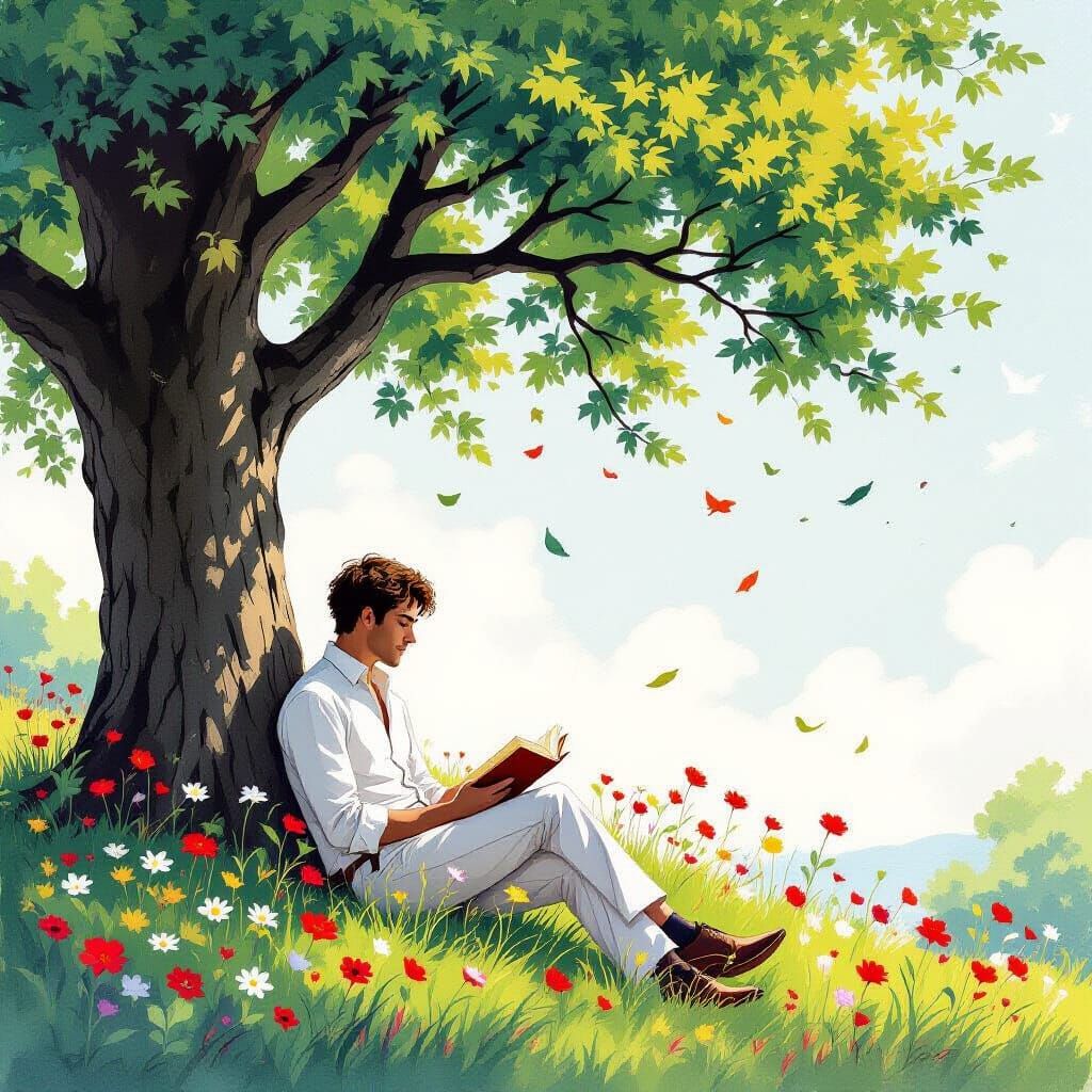 Poet Under Tree with Swirling Leaves