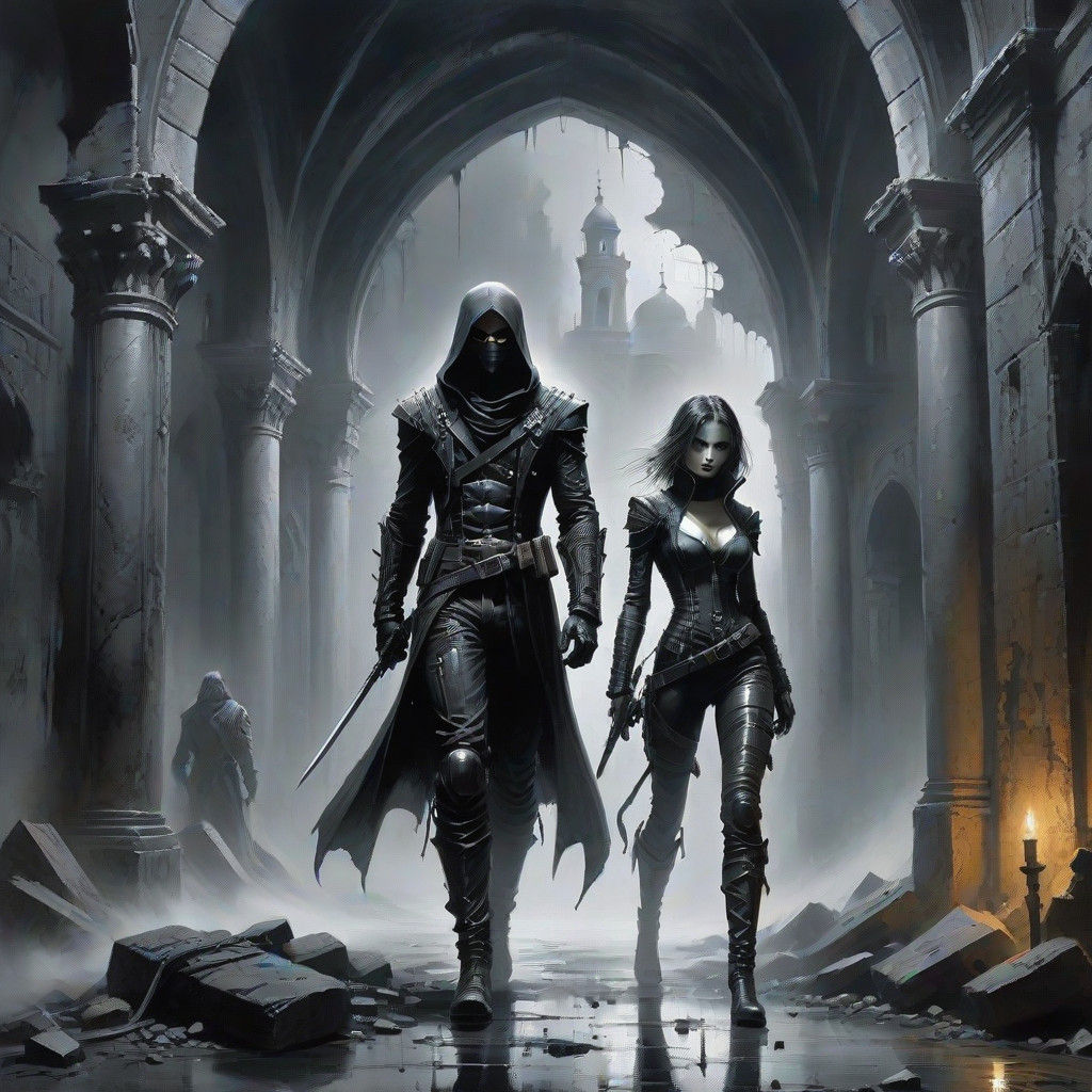 Mysterious Assassin in a Foggy Monastery at Night in Cyberpu...